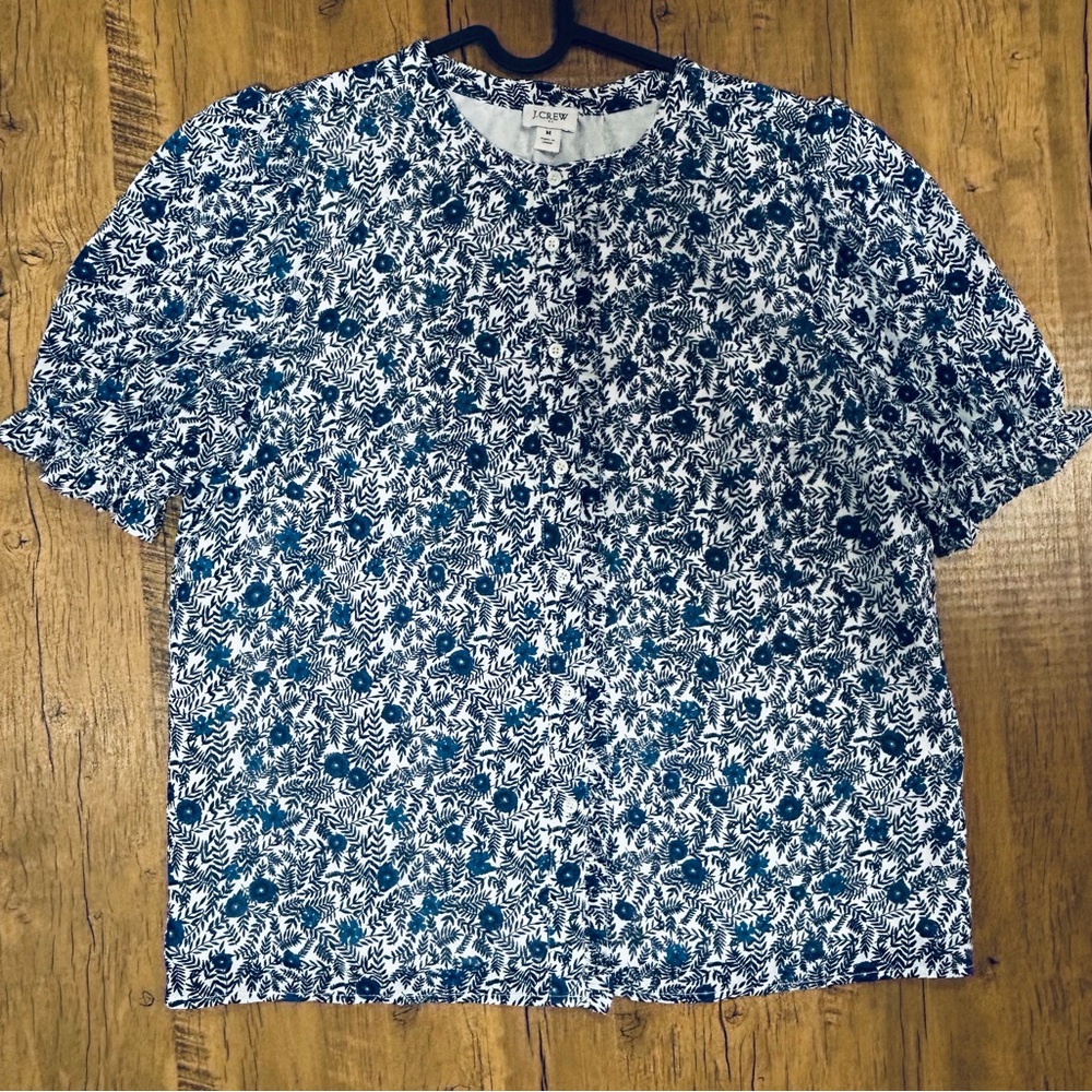 J.Crew Blue Floral Crinkle Puff-Sleeve Ruffle Button-Up Top - Picture 5 of 16